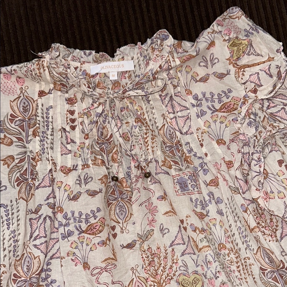 Olivaceous Pink and Brown Ruffled Boho Floral Blouse Ladies Medium